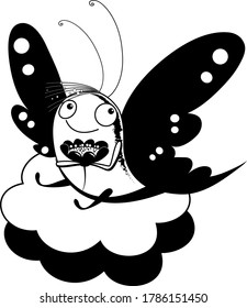 Cute  butterfly with flower, cartoon character, black and white vector Illustration isolated on white