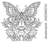 Cute butterfly and flower hand drawn for adult coloring book