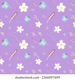 Cute butterfly and flower seamless pattern vector on purple background. Design for wrapping paper, sticker, card, print, fabric.