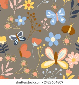 Cute Butterfly and Flower Spring Seamless Pattern