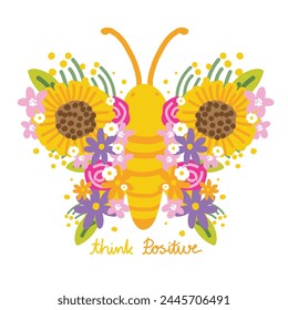 Cute butterfly flower wing cartoon hand drawn with text on white background.Think positive slogan.Spring.Nature.Floral.Image for card,poster,stieker,logo.Kawaii.Vector.Illustration.