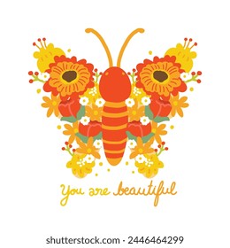 Cute butterfly flower wing cartoon hand drawn with text on white background.You are beautiful slogan.Spring.Nature.Floral.Image for card,poster,stieker,logo.Kawaii.Vector.Illustration.