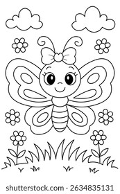 cute butterfly and flowers cartoon coloring page for kids. for coloring books
