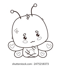 Cute butterfly. Funny outline cartoon kawaii insect. Line drawing, coloring book. Vector illustration. Kids collection