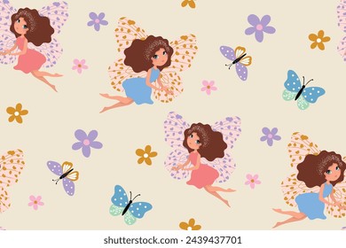 Cute butterfly girl with flowers, seamless pattern, vector graphic, children artworks, wallpapers, fabric prints.
