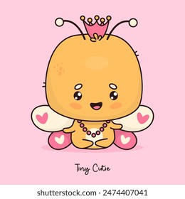 Cute butterfly girl princess in crown. Funny cartoon insect kawaii character. Vector illustration. Cool card. Kids collection