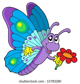 Cute butterfly holding flower - vector illustration.