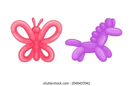 Cute butterfly, horse animals made from inflatable balloons set cartoon vector illustration