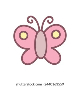 Cute butterfly icon. Hand drawn illustration of a butterfly with pink wings isolated on a white background. Kawaii sticker. Vector 10 EPS.