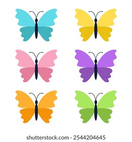 Cute butterfly icon set. Flying insect silhouette. Different color wings. Cartoon kawaii funny character. Childish style. Sticker print, greeting card. Flat design. White background. Isolated. Vector