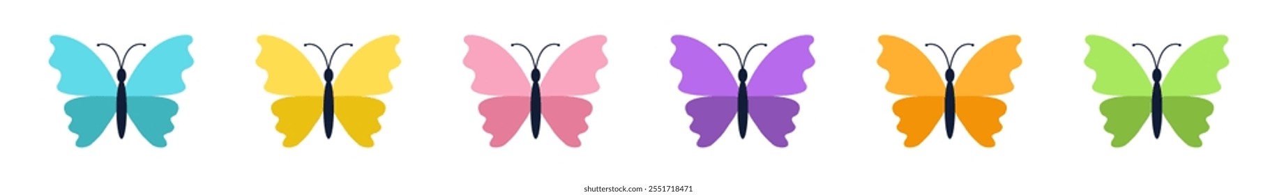 Cute butterfly icon set line. Flying insect silhouette. Pastel color red yellow yellow green blue violet wings. Cartoon kawaii character. Childish style. Flat design. White background. Isolated Vector