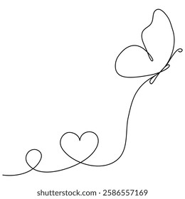 Cute butterfly insect with curve line and heart shape. Butterfly flying continuous line art drawing. Vector illustration isolated on white.