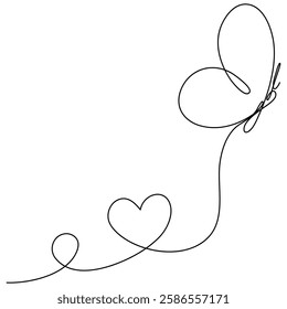 Cute butterfly insect with curve line and heart shape. Butterfly flying continuous line art drawing. Vector illustration isolated on white.