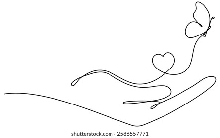 Cute butterfly insect with curve line and heart shape. Butterfly flying on human hand continuous line art drawing. Vector illustration isolated on white.