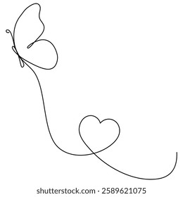 Cute butterfly insect with curve line and heart shape. Butterfly flying continuous line art drawing. Vector illustration isolated on white.