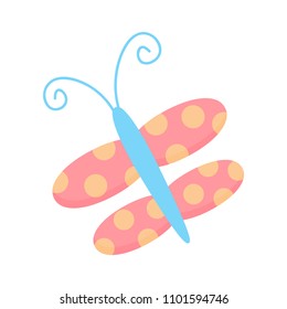 Cute butterfly, insect vector graphic icon. Blue butterfly with pink wings and orange dots. Spring insect illustration.