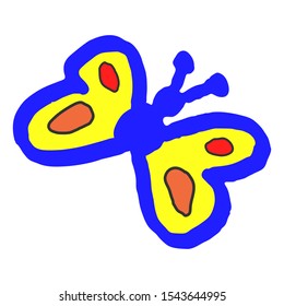 Cute butterfly. Kid hand drawing. Felt tip pen color drawing. Isolate on white background.