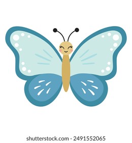 Cute butterfly kids cartoon character. Vector illustration isolated on white background. Color insect clipart. Baby shower design elements. Party invitation, birthday celebration. Spring, summer decor