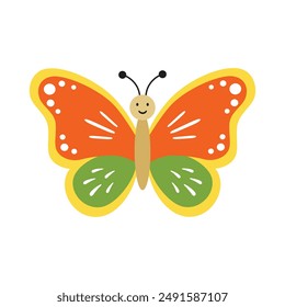 Cute butterfly kids cartoon character. Vector illustration isolated on white background. Color insect clipart. Baby shower design elements. Party invitation, birthday celebration. Spring, summer decor