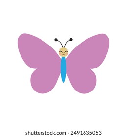 Cute butterfly kids cartoon character. Vector illustration isolated on white background. Color insect clipart. Baby shower design elements. Party invitation, birthday celebration. Spring, summer decor