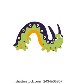 Cute butterfly larva character with adorable antennas. Curled caterpillar with happy facial expression. Amusing patterned worm. Little insect, centipede. Flat isolated vector illustration on white