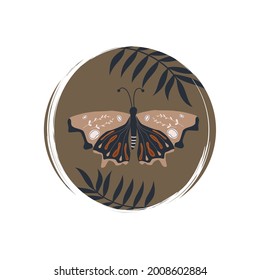 Cute butterfly with leaves icon logo vector illustration on circle with brush texture for social media story highlight	