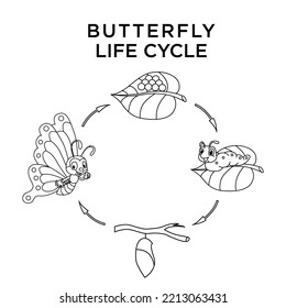 Cute butterfly life cycle cartoon characters vector illustration. For kids coloring book.