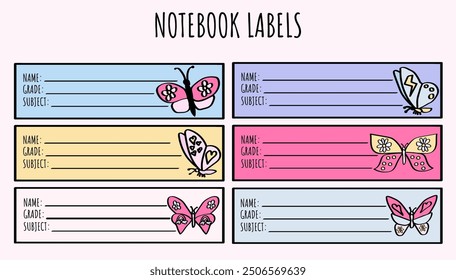 Cute butterfly name tags. back-to-school notebook sticker labels set for elementary and middle school kids.