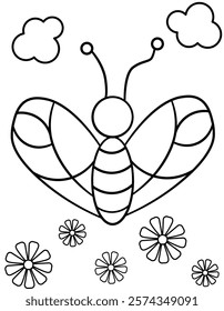 Cute Butterfly Outline for Kids' Coloring Activity with Flowers and Clouds. Illustration of a simple butterfly on a vibrant flower background, ideal for children's coloring fun.