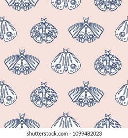 Cute butterfly pastel seamless vector pattern. Tender moth insects on baby pink background.