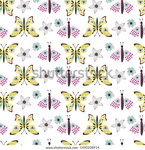 Cute Butterfly Pattern Flowers Vector Illustrations Stock Vector ...