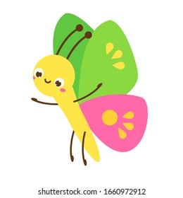 Cute butterfly with pink and green wings. Cartoon insect character. Vector illustration, clip art