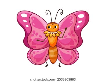 Cute butterfly with pink wings on a white background. Vector illustration with insect in cartoon style.