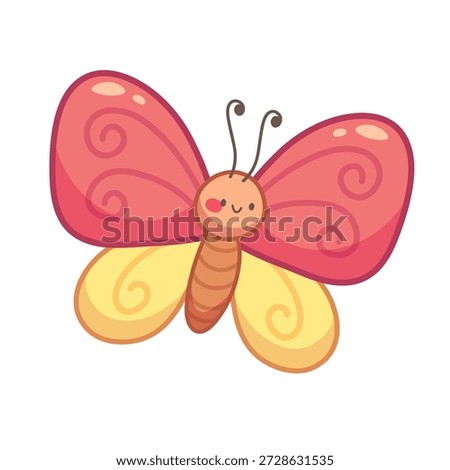 Cute butterfly with pink and yellow wings. Kawaii insect illustration, hand drawn outline. Aborable spring doodle