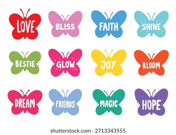 Netter Schmetterling mit positiven Wörtern Zusammenstellung Set.  Vektordoodle-Illustrationssatz für Web, T-Shirt-Design, andere grafische Designverwendung