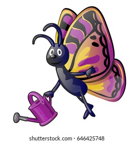 Cute butterfly purple color with a watering can isolated on white background. Vector cartoon close-up illustration.