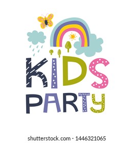 Cute butterfly and rainbow illustration in cartoon style for kids design, poster, card, invitation. Isolated vector elements. Kids party hand drawn lettering