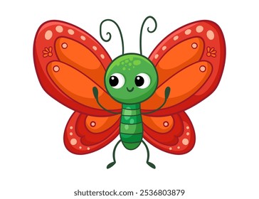 Mariposa linda con alas rojas sobre un fondo blanco. Ilustración vectorial con insecto en estilo de dibujos animados.