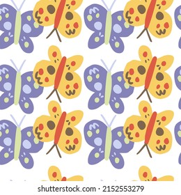 Cute butterfly seamless pattern. Doodle flying insect endless wallpaper. Naive art style. Simple design for fabric , textile print, wrapping, cover. vector illustration.