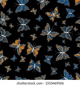 Cute butterfly seamless pattern for print textures. Blue, black and brown butterflies pattern. Vector illustration. Decor background for clothing design.