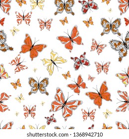 Cute butterfly seamless pattern in white, orange and black colors. Butterfly floral pattern on tropical theme. Perfect for textile, wallpapers, web page backgrounds, surface textures. Vector design.