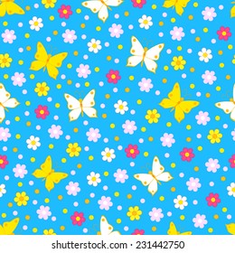 cute butterfly seamless,pattern.butterflies and flowers on a blue background, vector