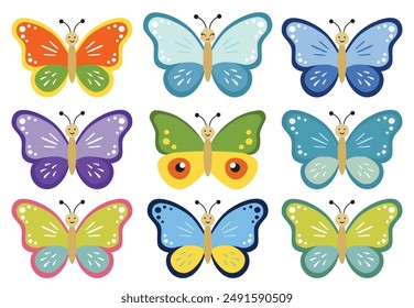 Cute butterfly set, kids cartoon character.Vector illustration isolated white background.Color insect clipart. Baby shower design elements. Party invitation, birthday celebration. Spring, summer decor