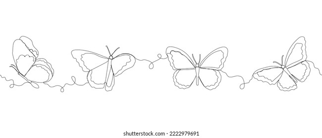 Cute Butterfly Single Line seamless border. Art Vector Illustration