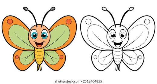 Smiley de borboleta bonito desenho animado colorir página para crianças