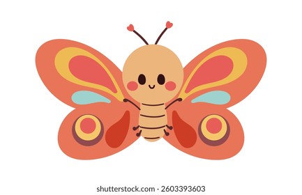 Cute Butterfly Smile Cartoon Page For Kids . Flat hand drawn illustration isolate on white . Funny childish character .