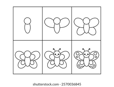 Cute butterfly. Step by step drawing. Coloring page, coloring book page. Black and white vector illustration.