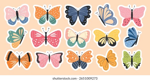 Cute butterfly sticker set in flat style. Perfect for planners, notebooks, scrapbooking, kids crafts. Vector sticker collection with butterflies.