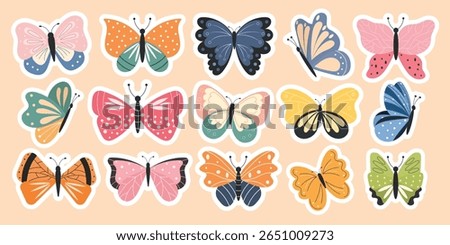 Cute butterfly sticker set in flat style. Perfect for planners, notebooks, scrapbooking, kids crafts. Vector sticker collection with butterflies.