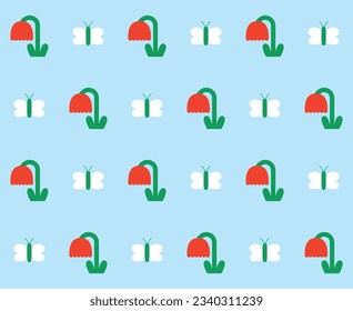 Cute butterfly and tulip seamless pattern design. Vector illustration.